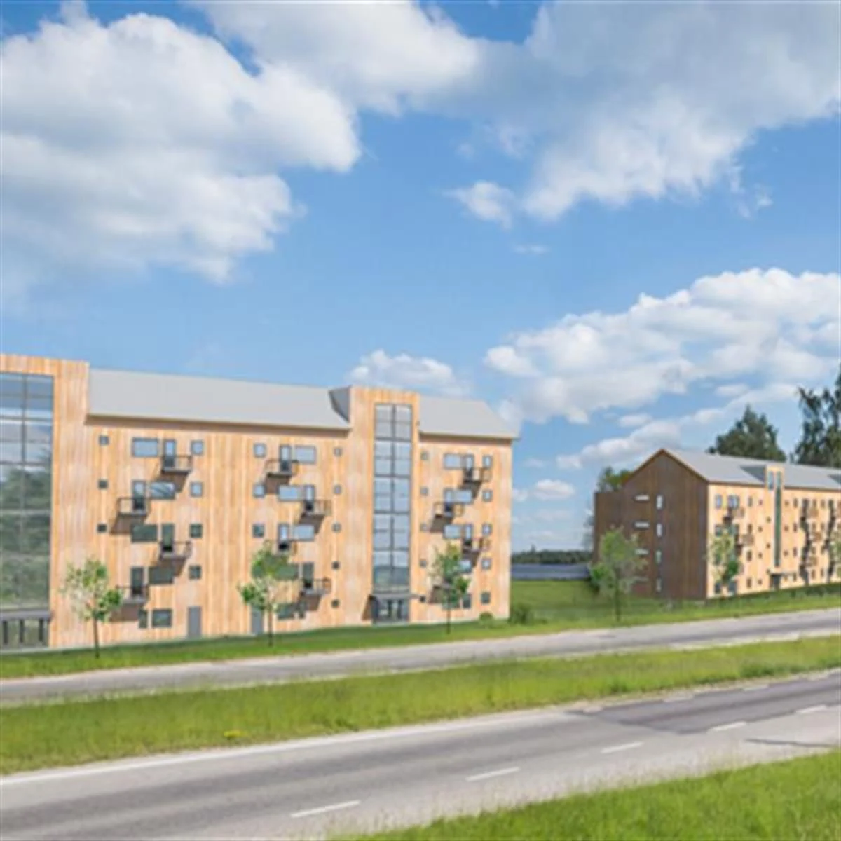 Kv Arken Etapp 1 i Växjö, moderna byggnader vid väg.
