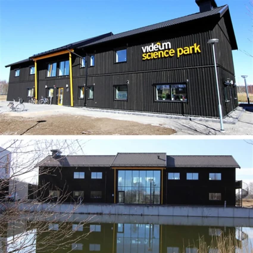 Kv Uppfinnaren, VidEum Science Park i Växjö, moderna byggnader vid vatten.
