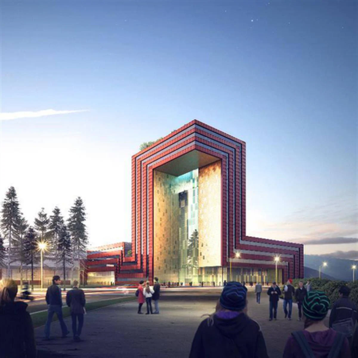 Icon Växjö, modern byggnad med röd fasad och omgivande människor.